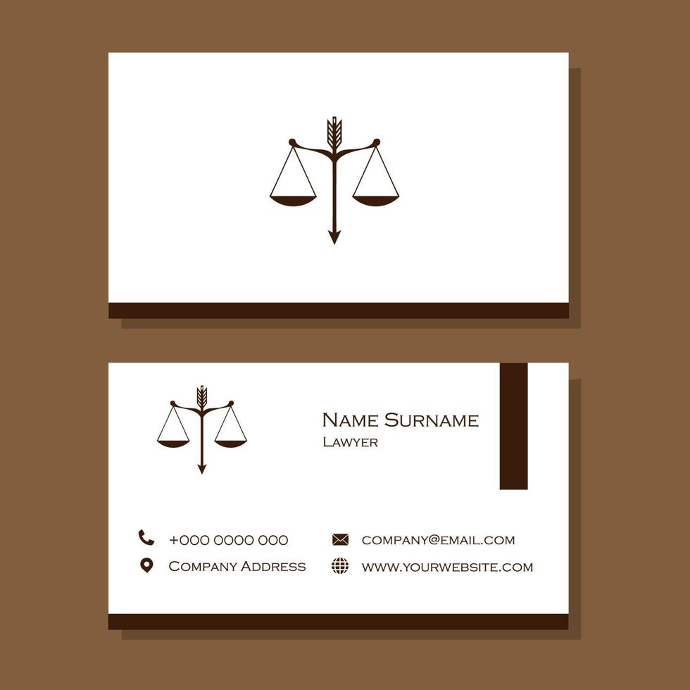 Brown and white lawyer business card with scales of justice design vector