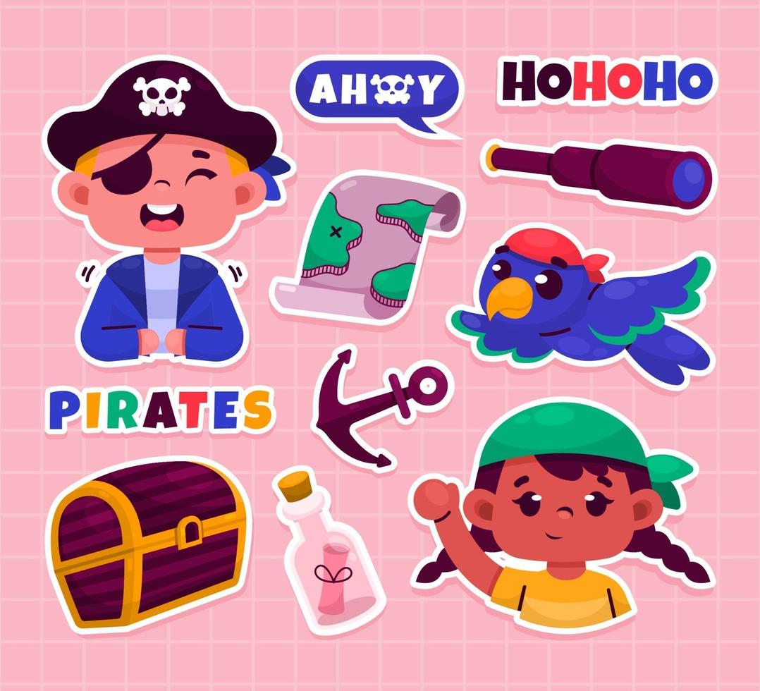 lindo paquete de pegatinas de piratas para niños vector