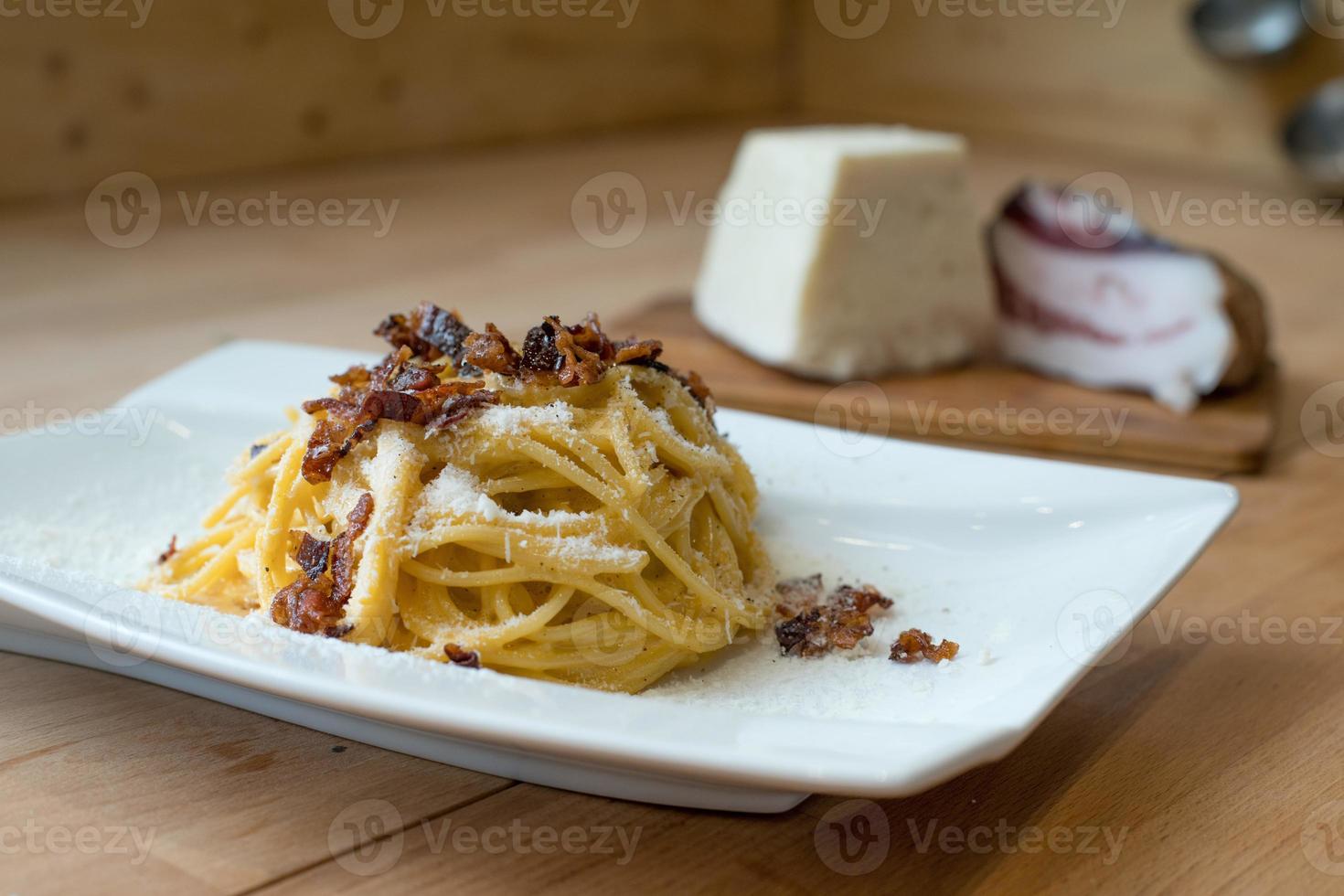 Traditional Italian bucatini alla gricia guanciale pecorino pepper photo