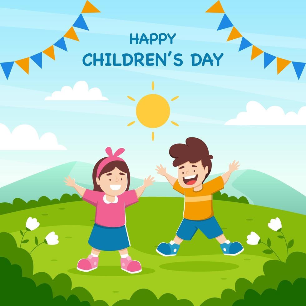 feliz dia del niño con niños al aire libre vector