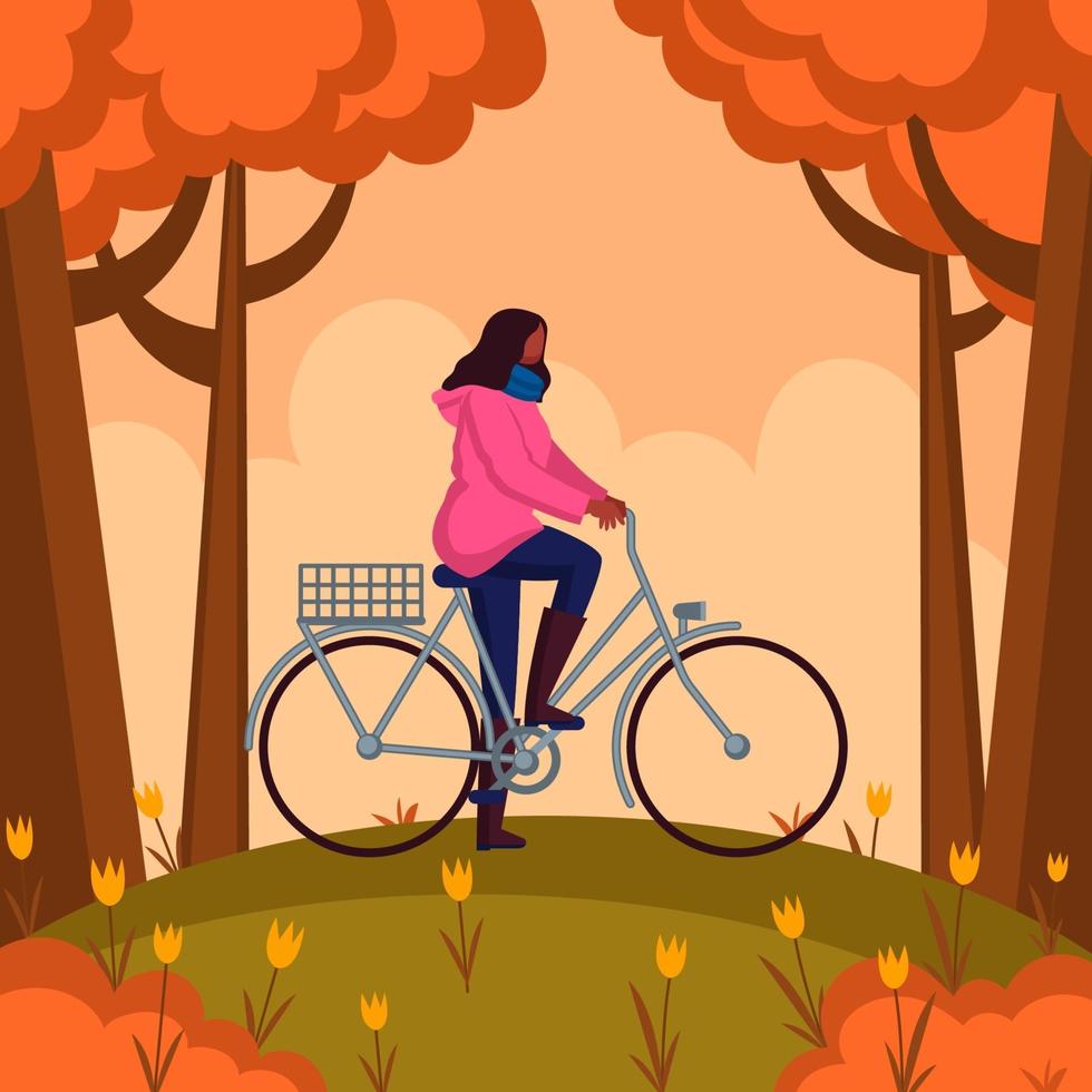 Woman Biking on a Hill During Autumn vector