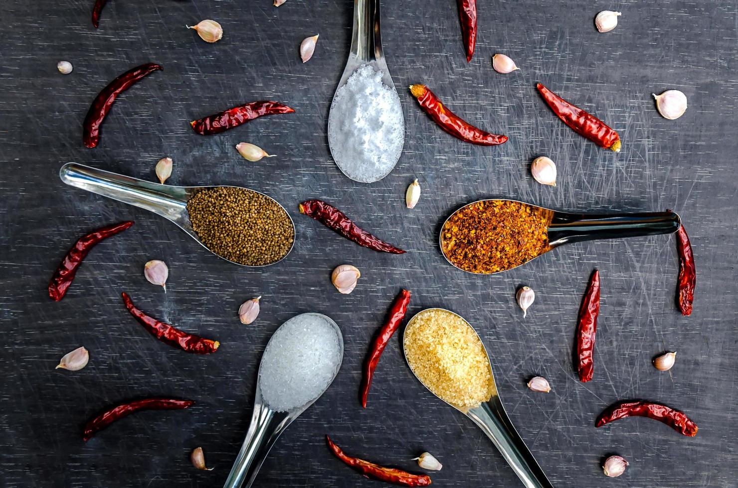 Ingredients and condiment on top of the table, Thai spicy ingredients. photo