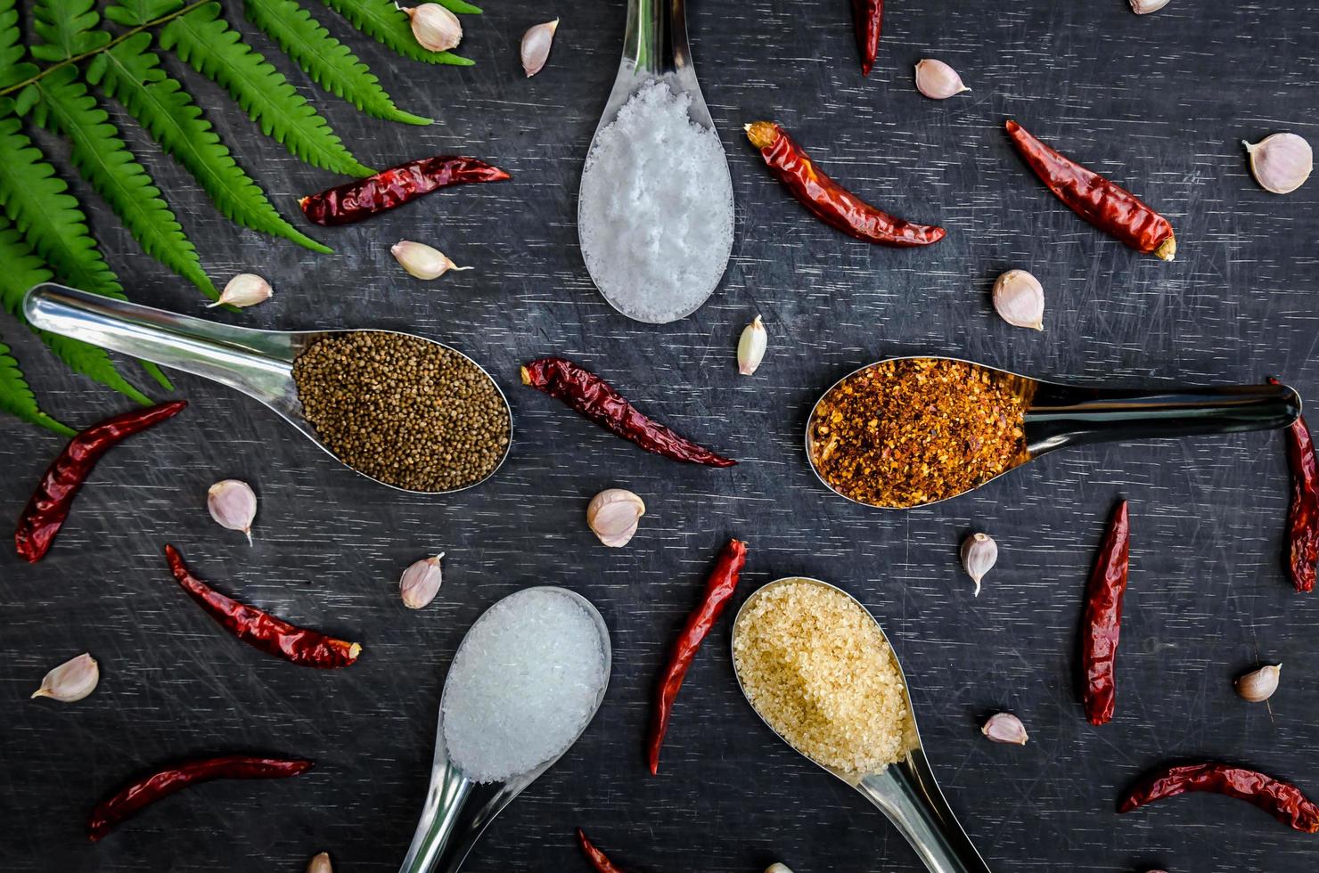 Ingredients and condiment on top of the table, Thai spicy ingredients. photo