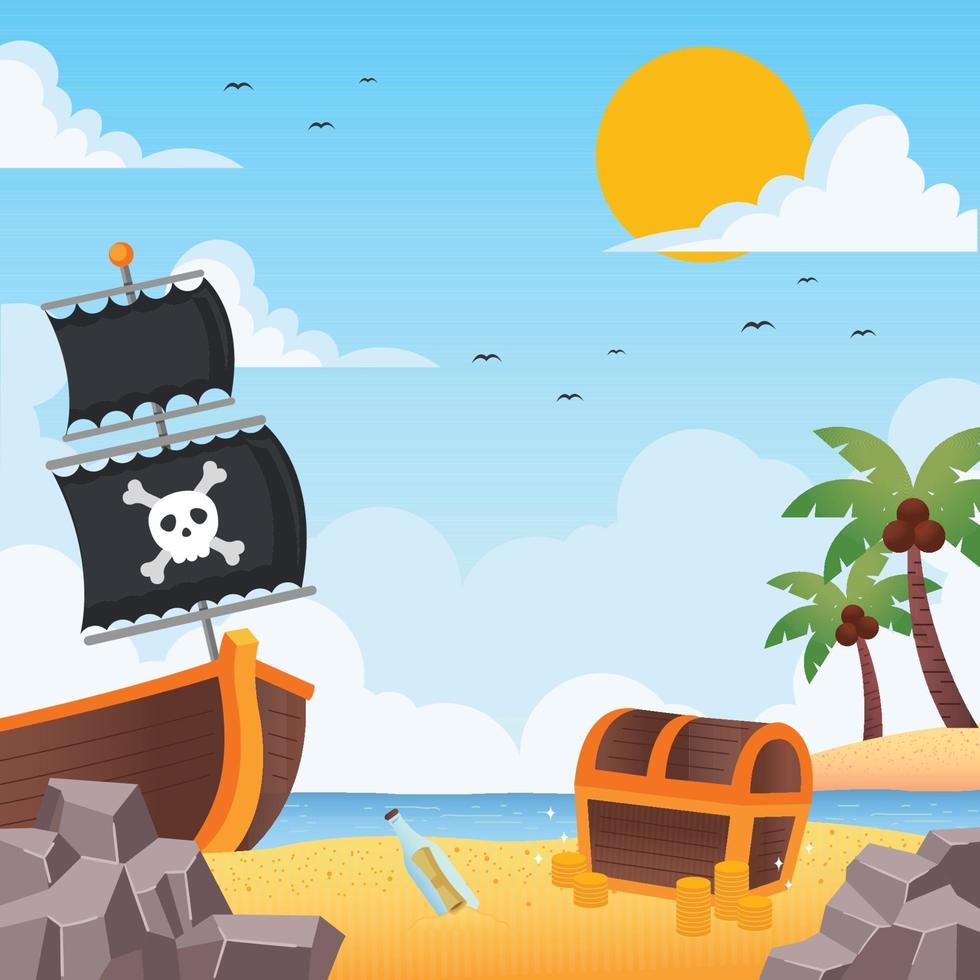 Stranded Pirate Ship Near a Treasure Chest vector