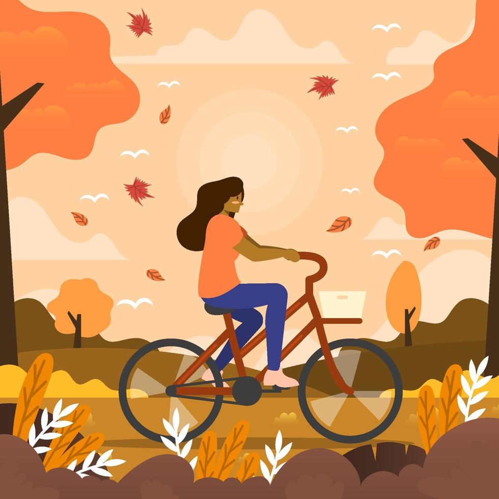 Woman Rides a Bicycle in the Autumn Evening vector