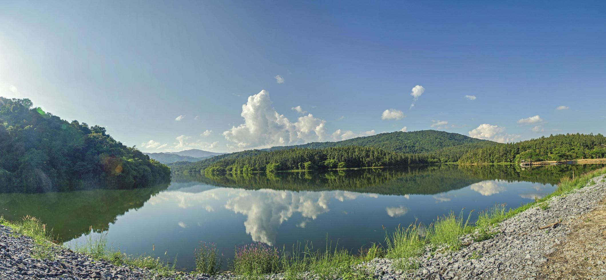 Landscape of the dam and lake on the mountain with tree and forest. photo