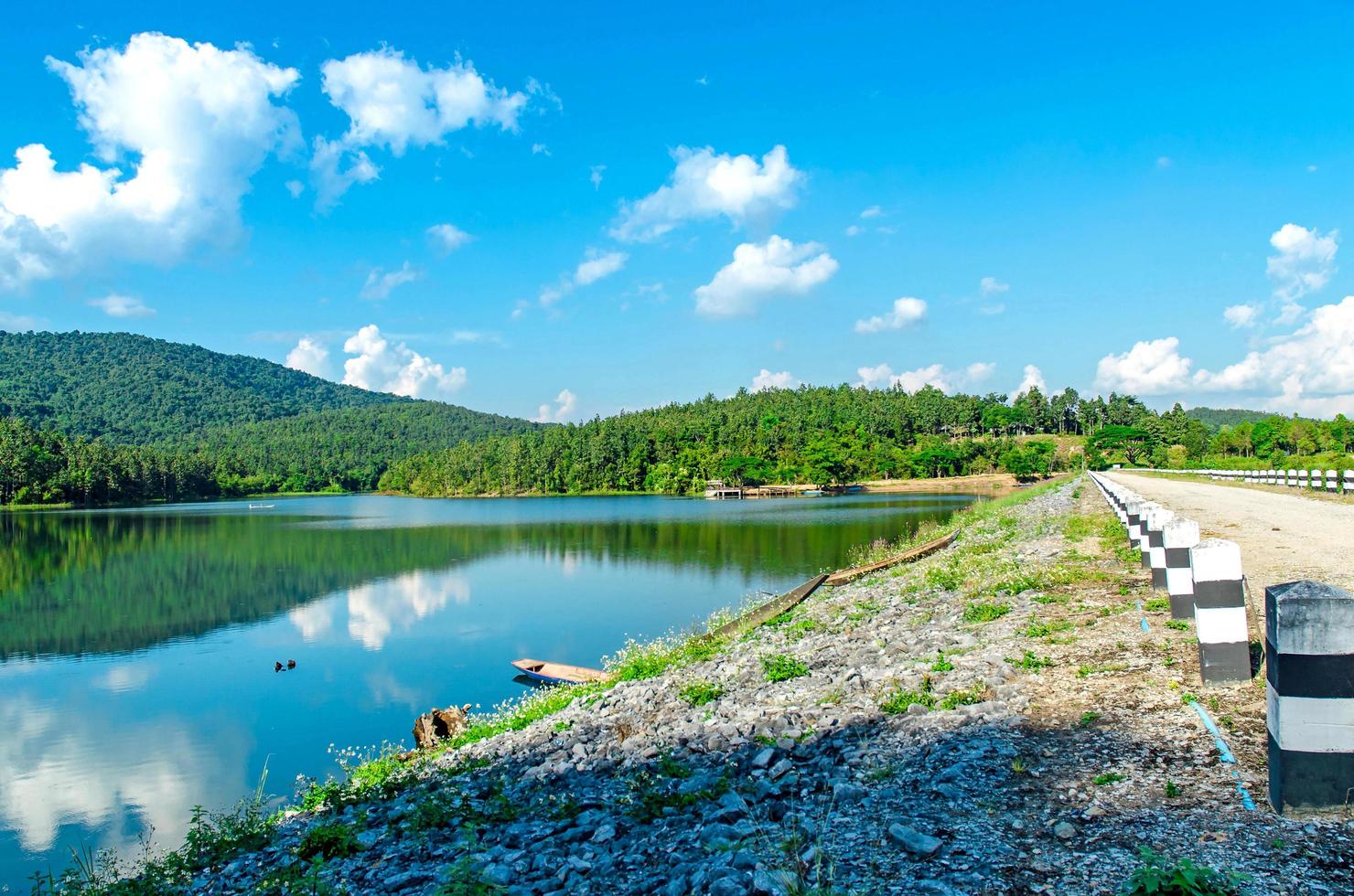 Landscape of the dam and lake on the mountain with tree and forest. photo