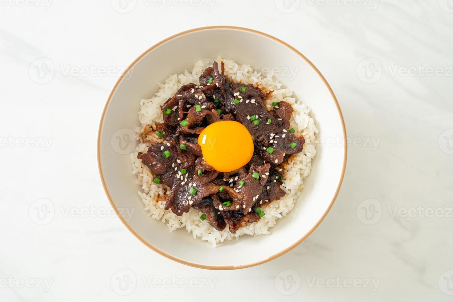 Rice with soy-flavoured pork or Japanese pork donburi photo