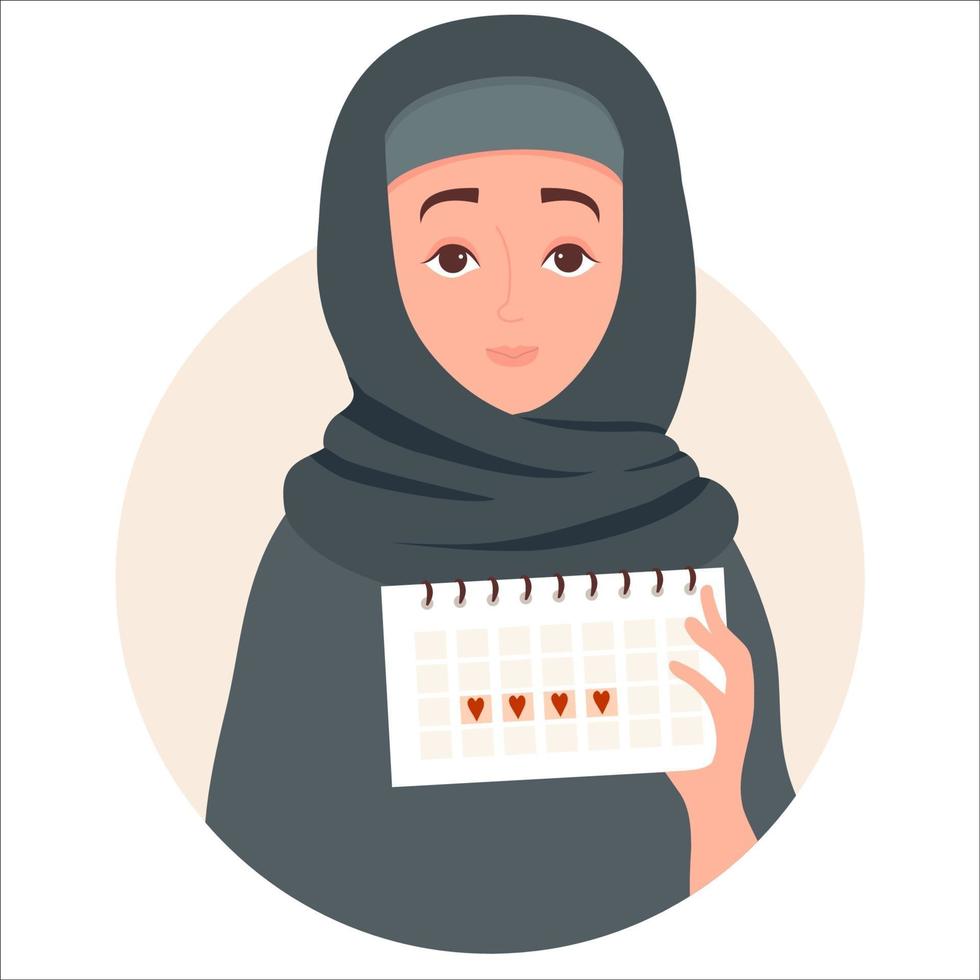 Beautiful Muslim woman in hijab with a calendar in her hands vector