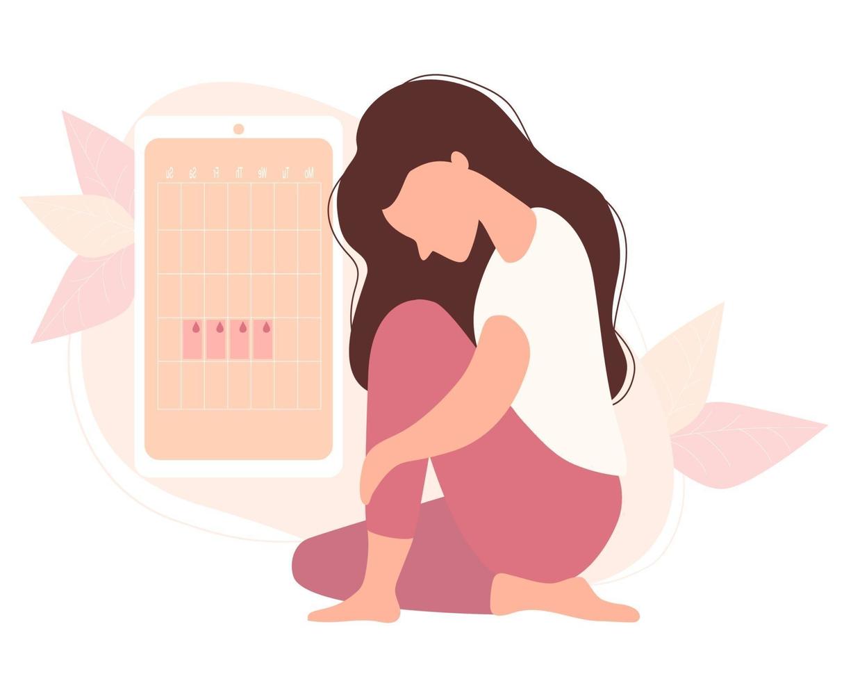 woman sits near female health and menstruation calendar on phone vector