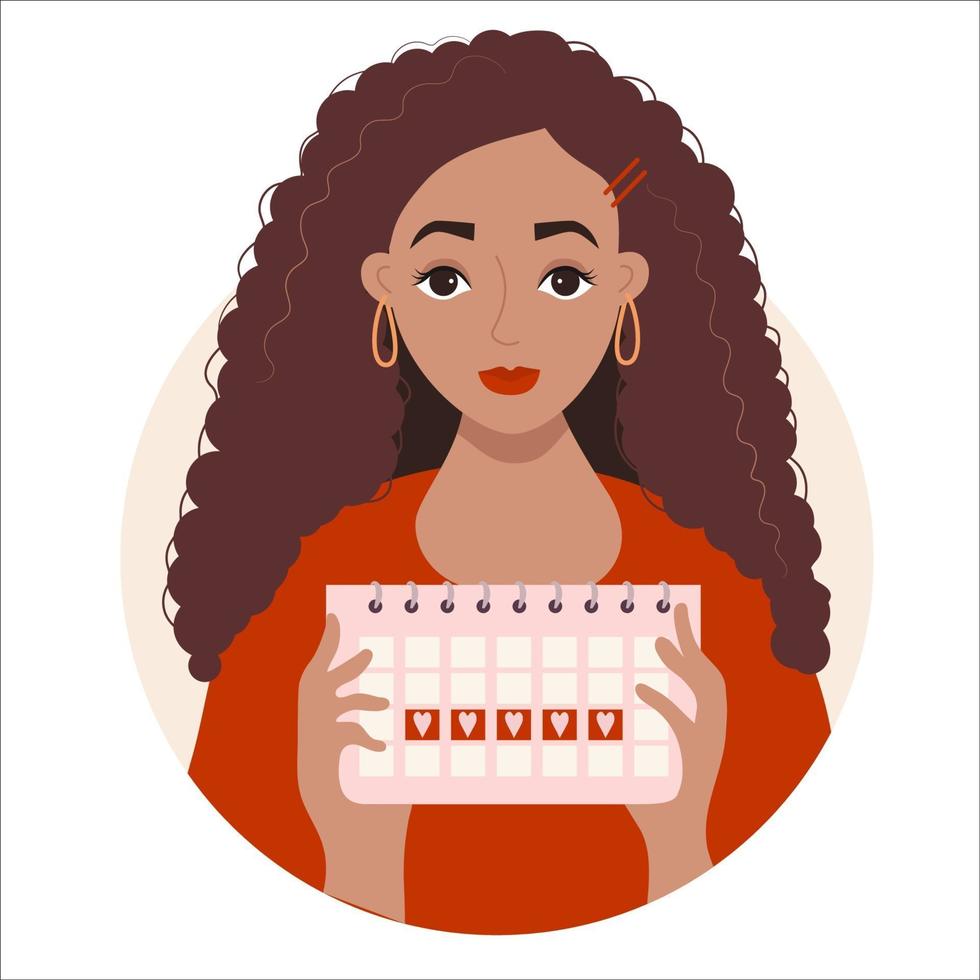 ethnic black girl holding Female menstrual cycle calendar vector