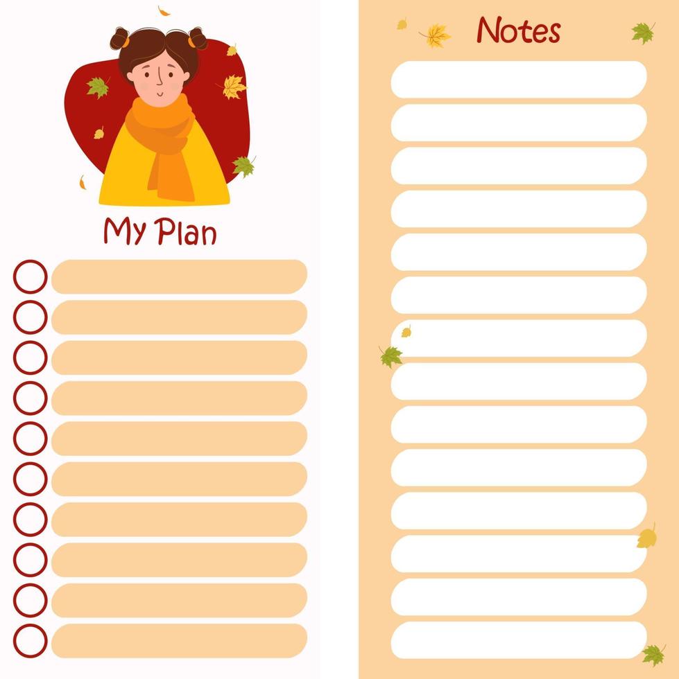 planner with Cute Girl with autumn leaves. My plan and notes. vector