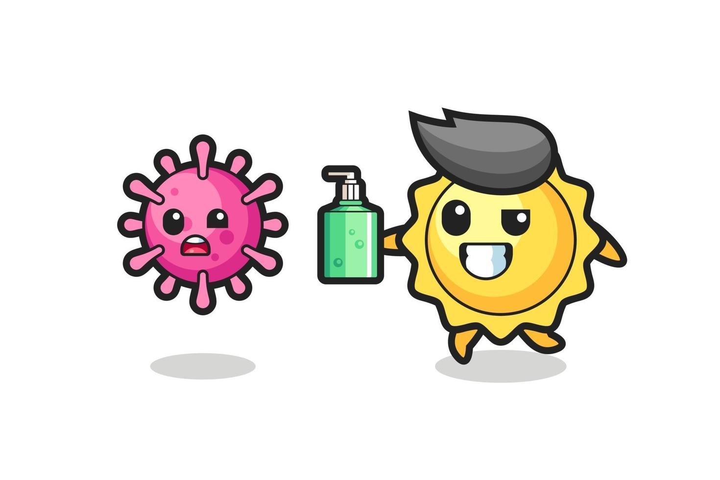 illustration of sun character chasing evil virus with hand sanitizer vector