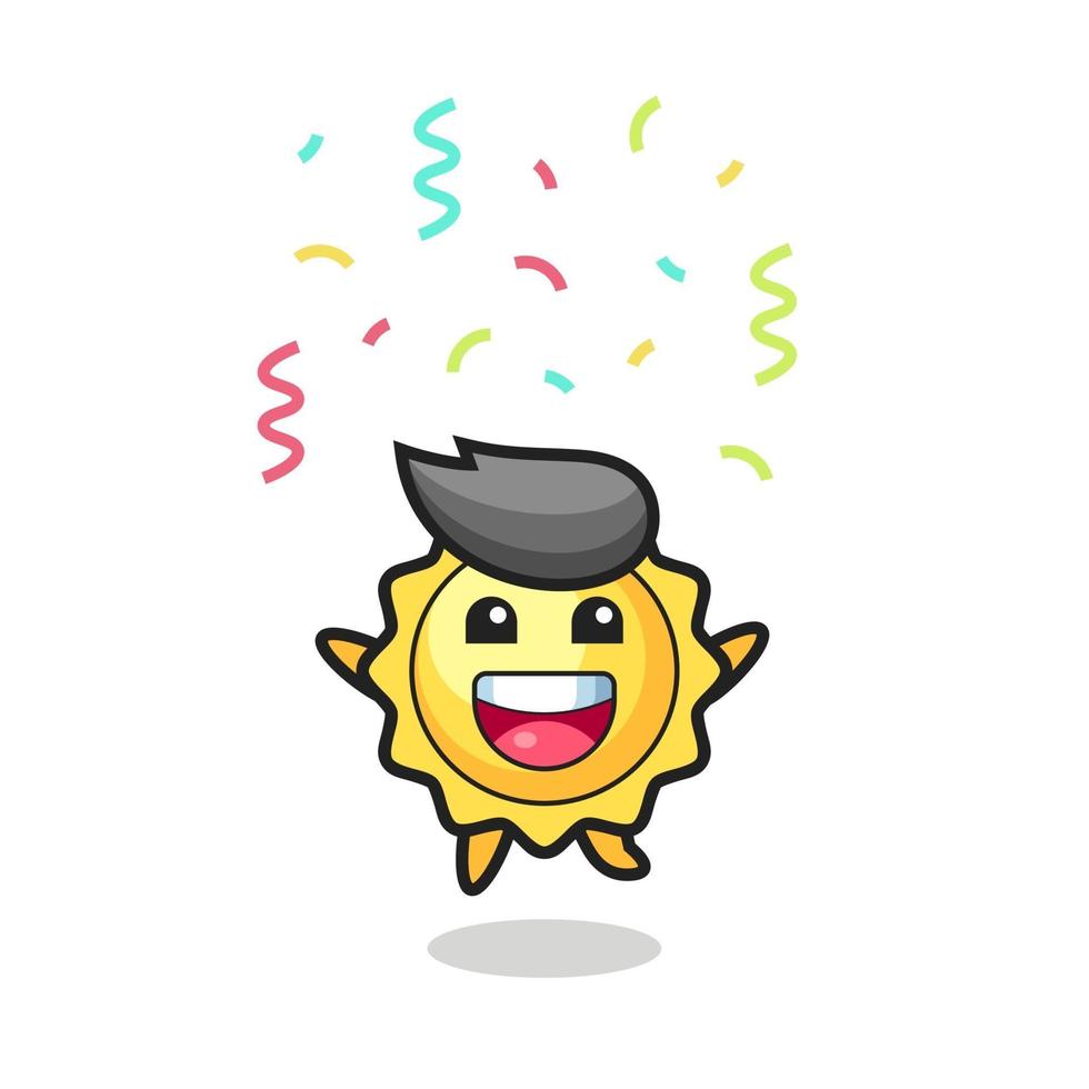happy sun mascot jumping for congratulation with colour confetti vector