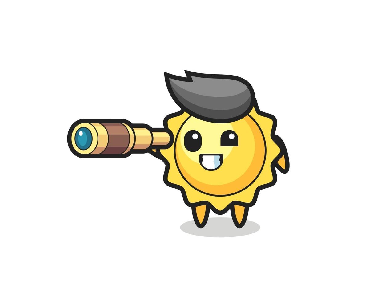 cute sun character is holding an old telescope vector