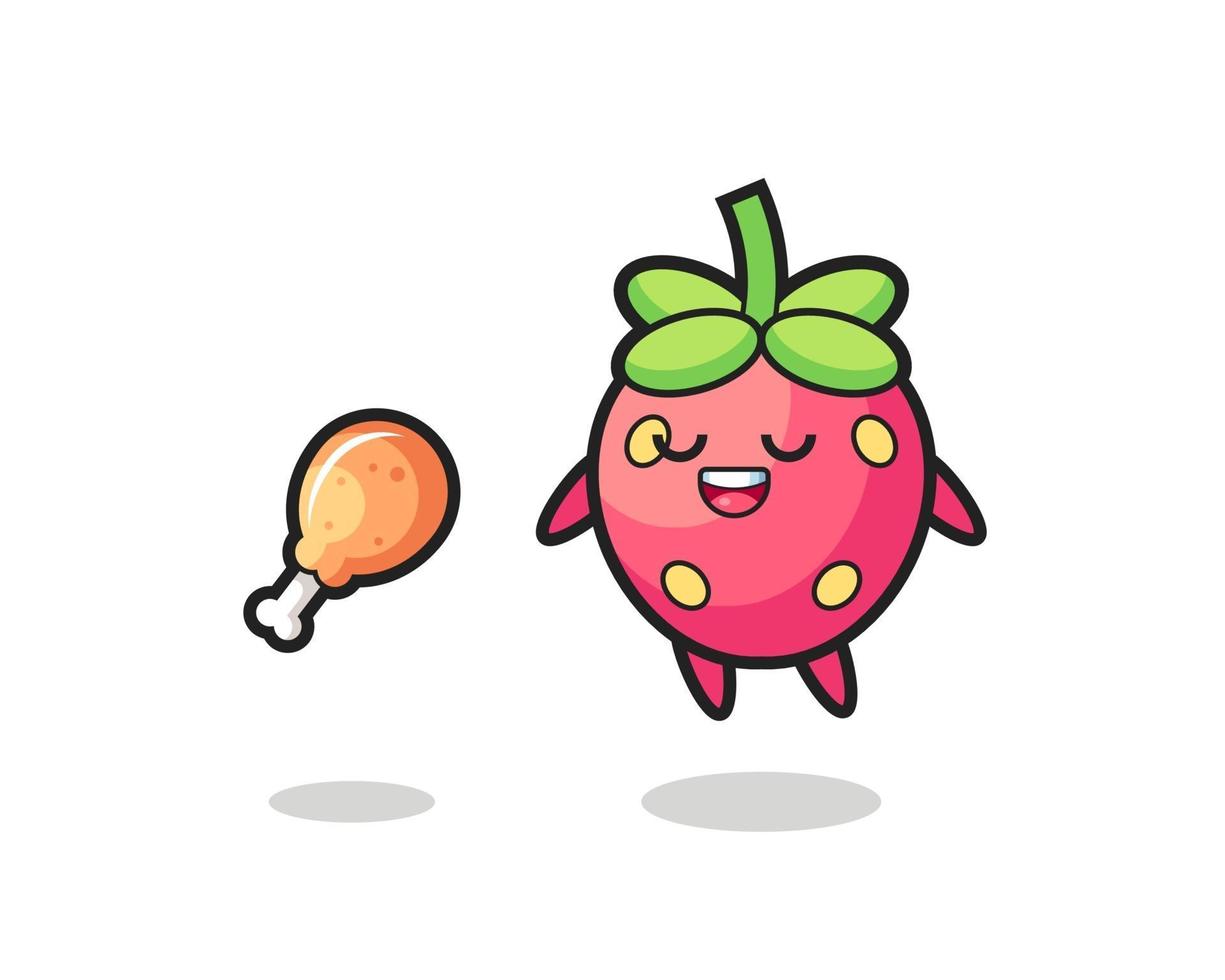 cute strawberry floating and tempted because of fried chicken vector