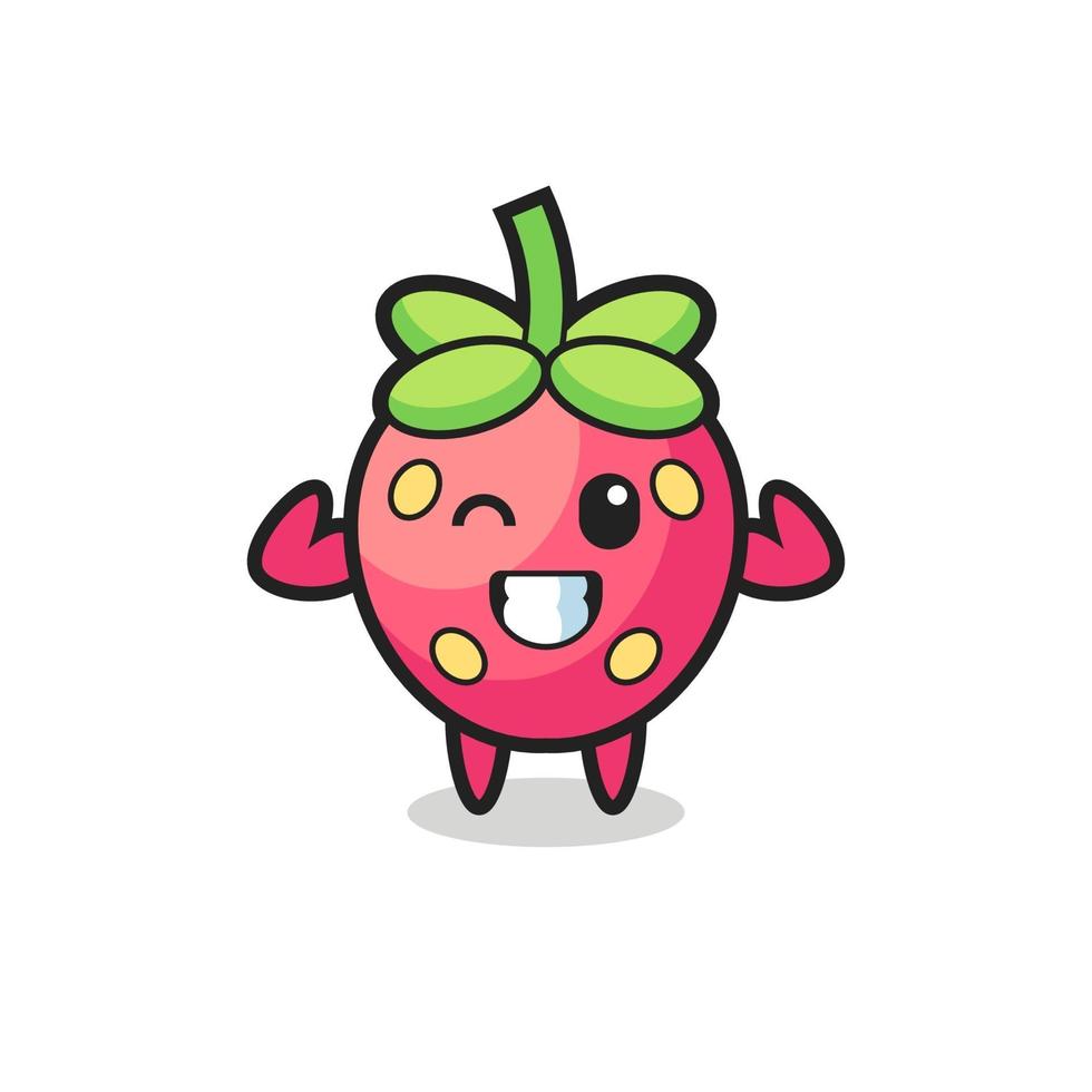 the muscular strawberry character is posing showing his muscles vector