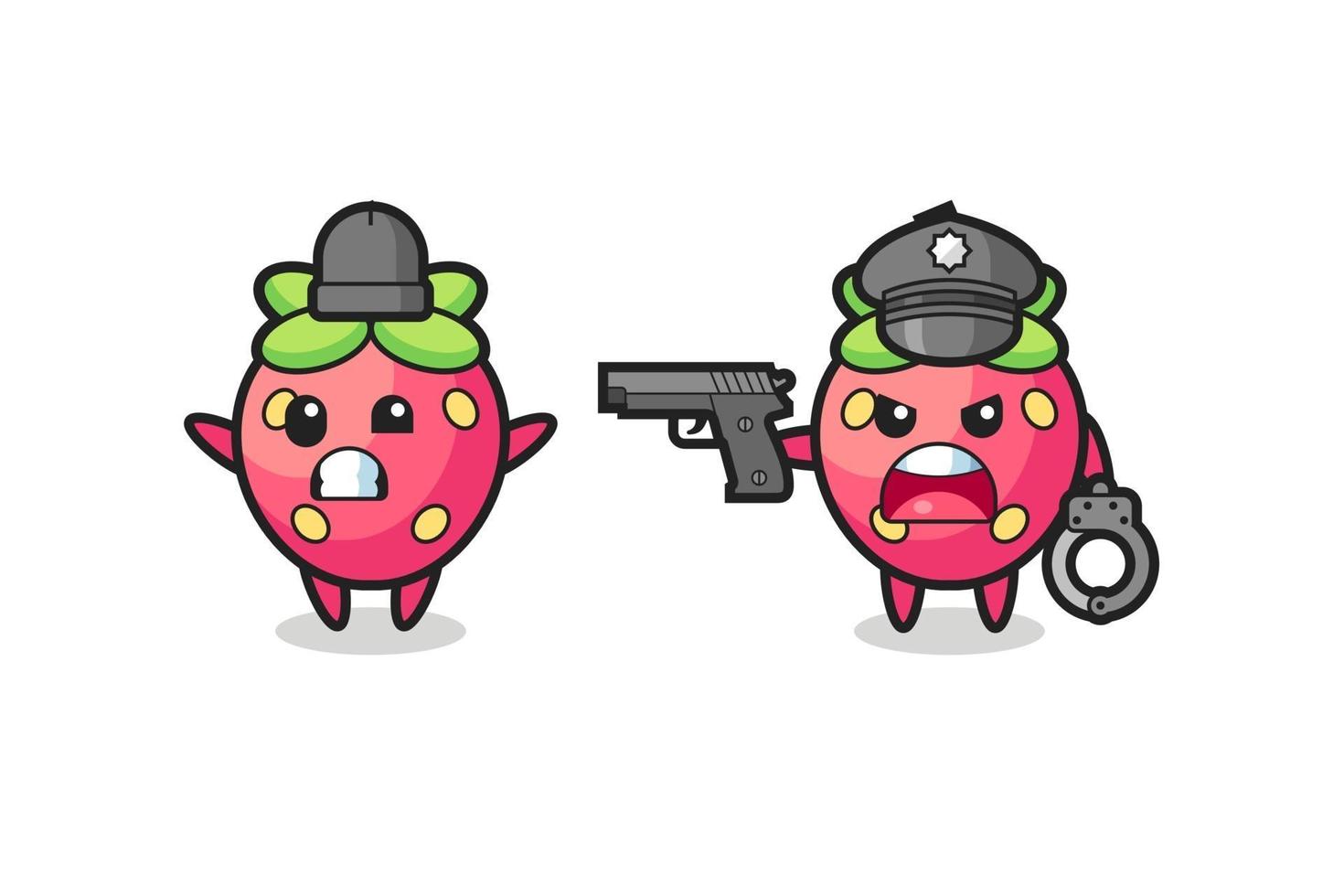 illustration of strawberry robber with hands up pose caught by police vector