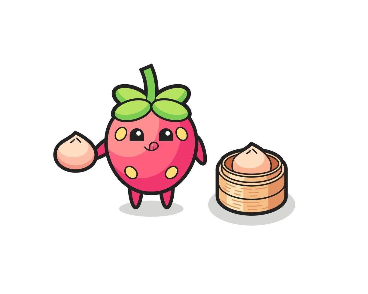 cute strawberry character eating steamed buns vector