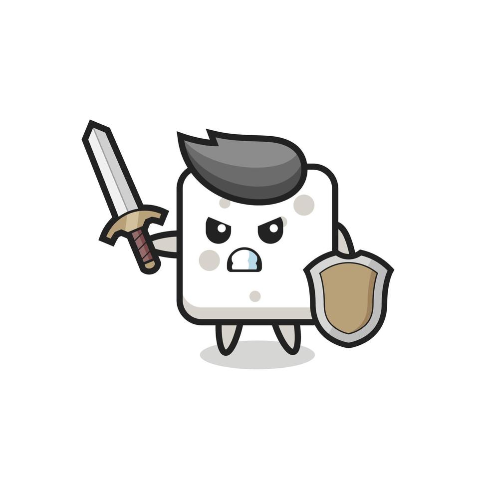 cute sugar cube soldier fighting with sword and shield vector