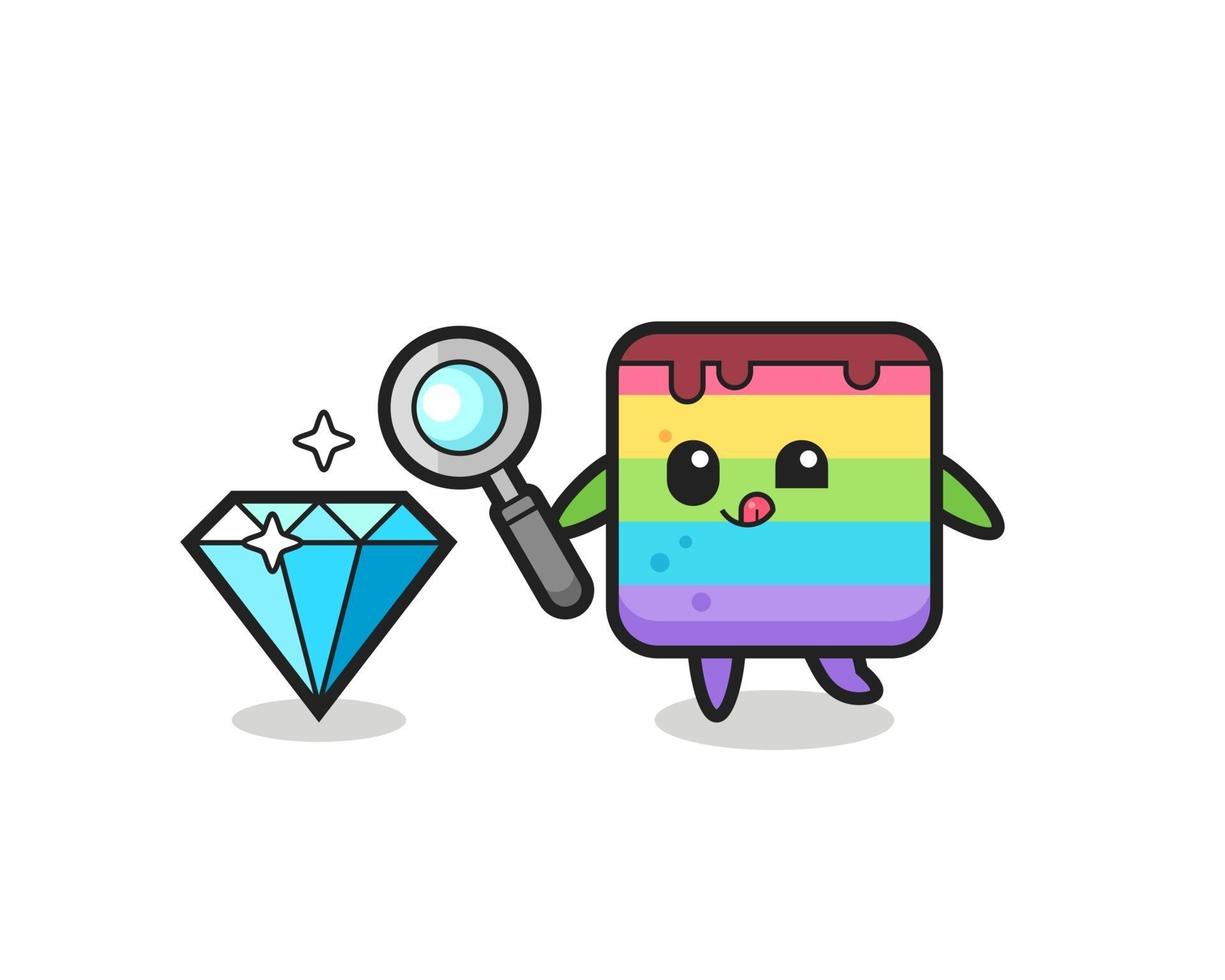 rainbow cake mascot is checking the authenticity of a diamond vector