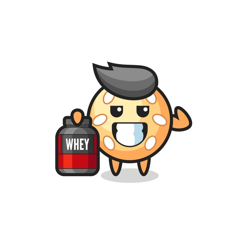 the muscular sesame ball character is holding a protein supplement vector