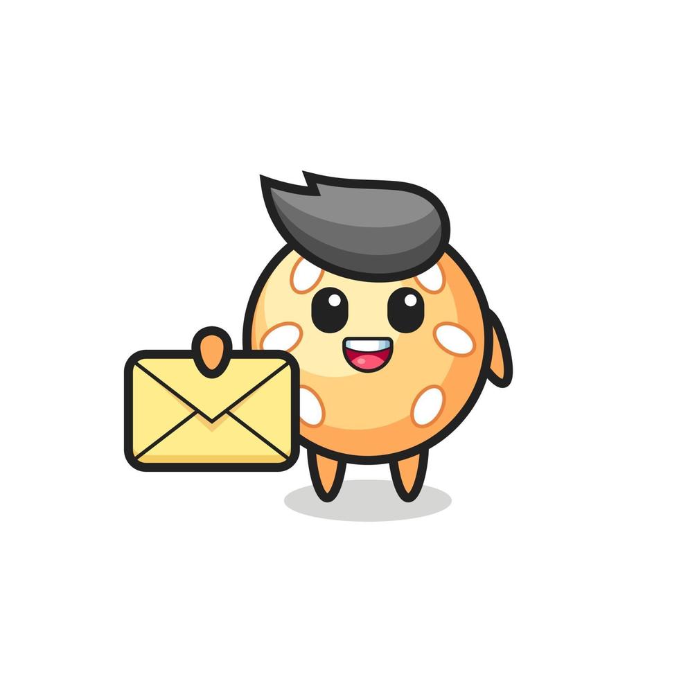 cartoon illustration of sesame ball holding a yellow letter vector