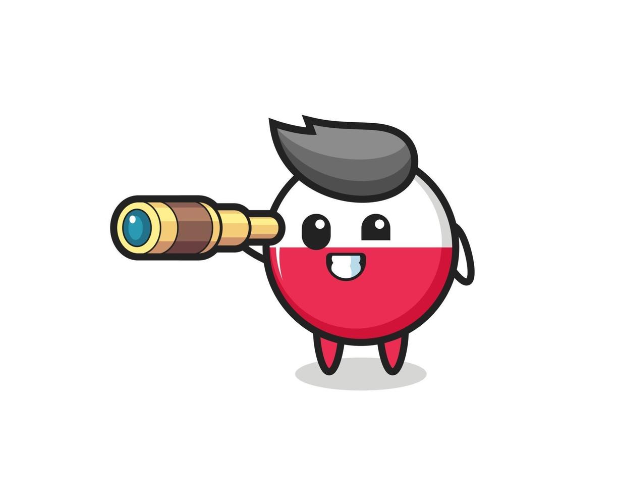 cute poland flag badge character is holding an old telescope vector