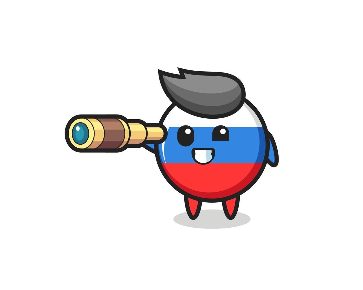 cute russia flag badge character is holding an old telescope vector