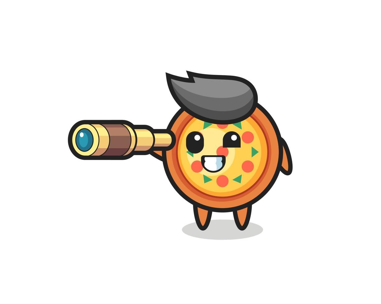 cute pizza character is holding an old telescope vector