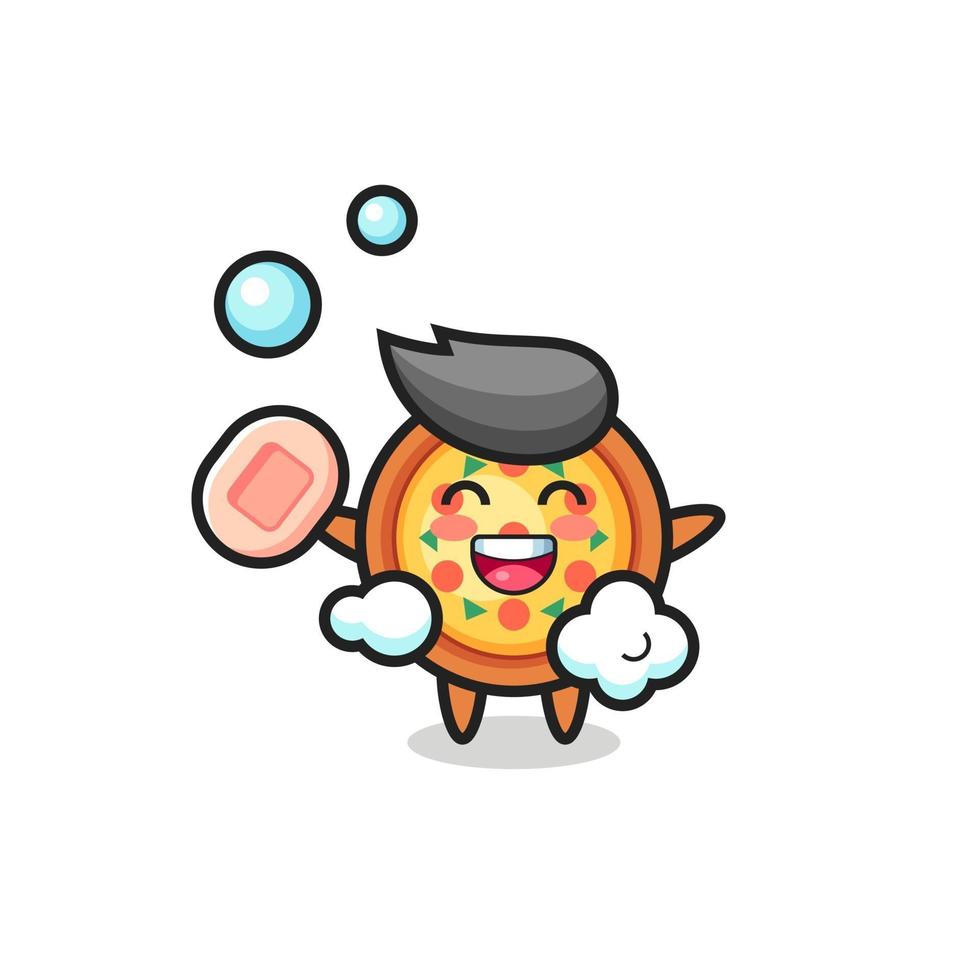 pizza character is bathing while holding soap vector