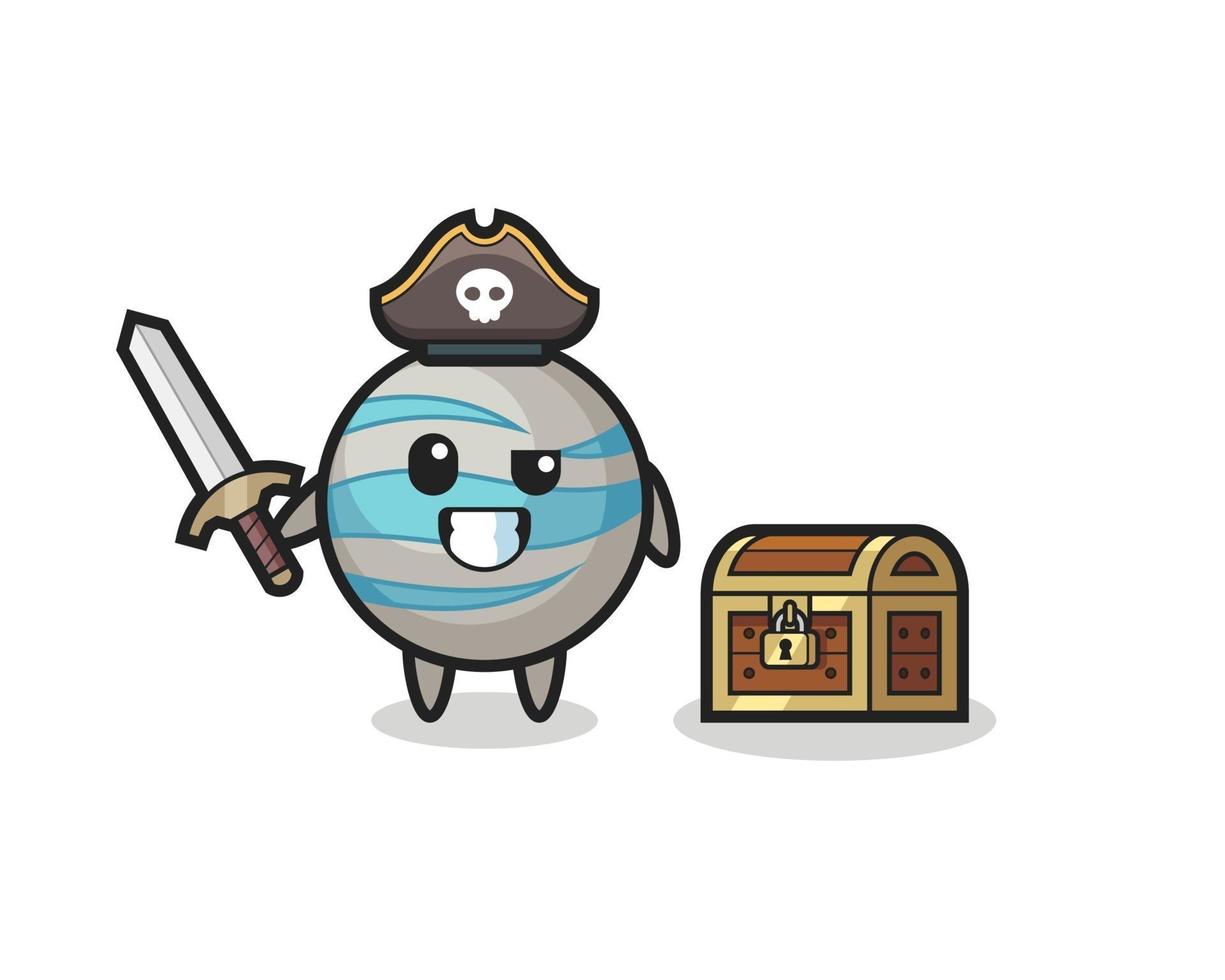 el personaje pirata del planeta sosteniendo la espada al lado de un cofre del tesoro vector