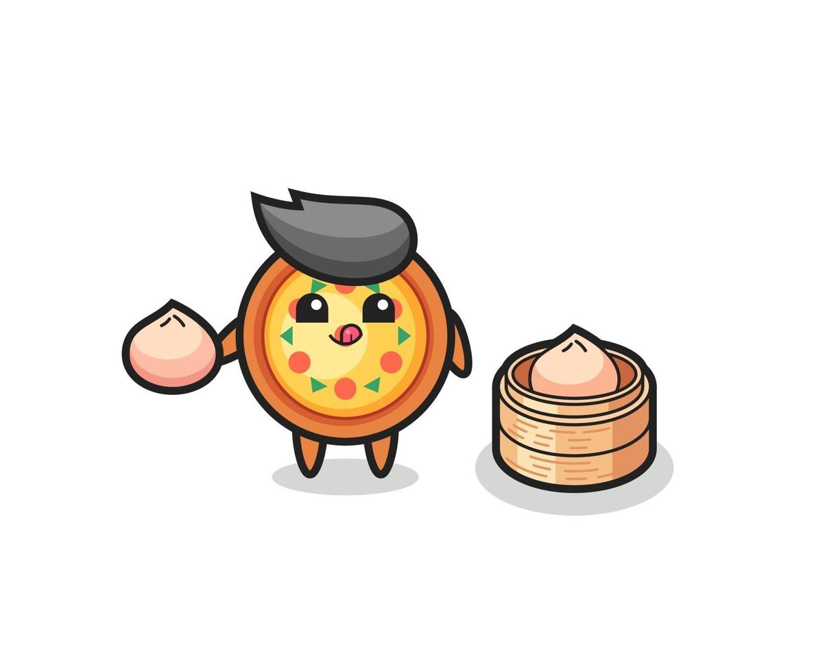 cute pizza character eating steamed buns vector