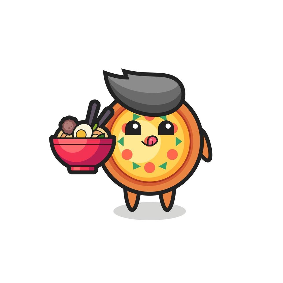 cute pizza character eating noodles vector