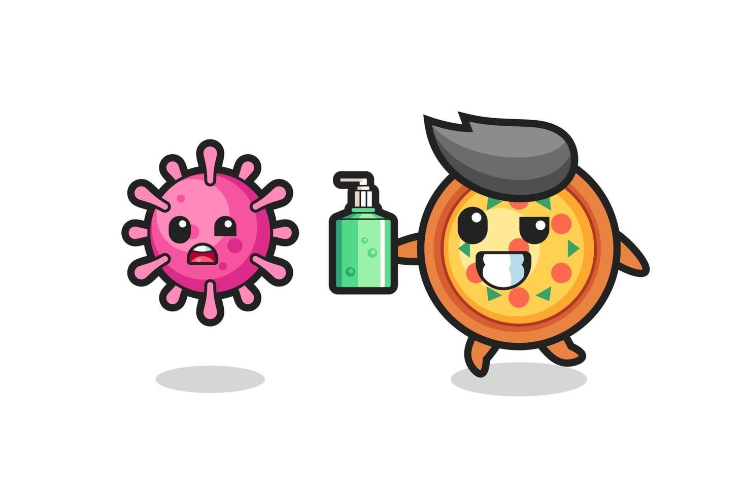illustration of pizza character chasing evil virus with hand sanitizer vector