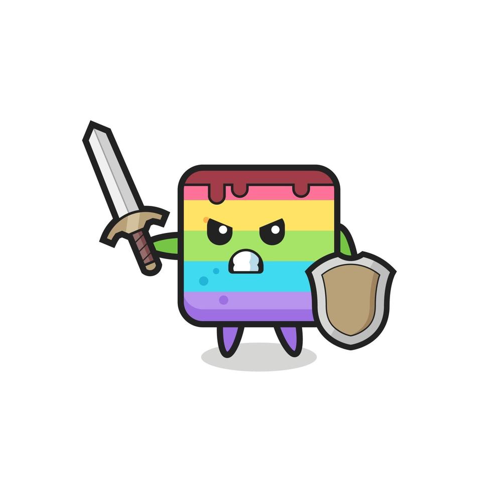 cute rainbow cake soldier fighting with sword and shield vector