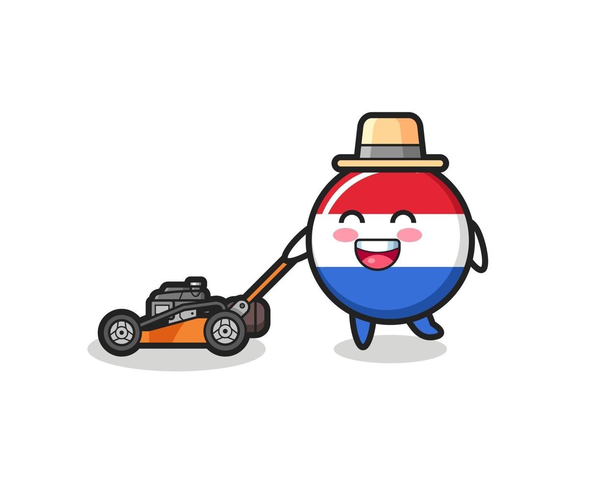 illustration of the netherlands flag badge character using lawn mower vector