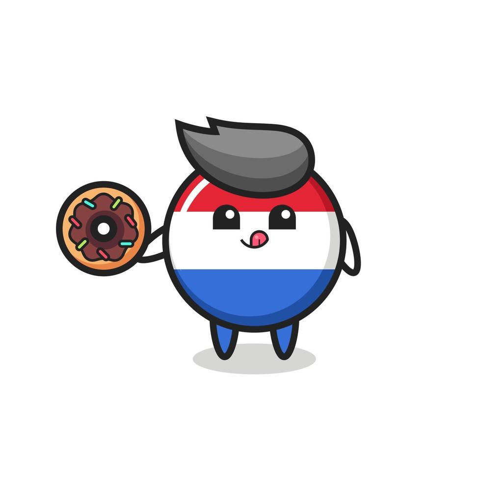 illustration of an netherlands flag badge character eating a doughnut vector