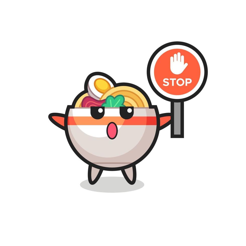 noodle bowl character illustration holding a stop sign vector