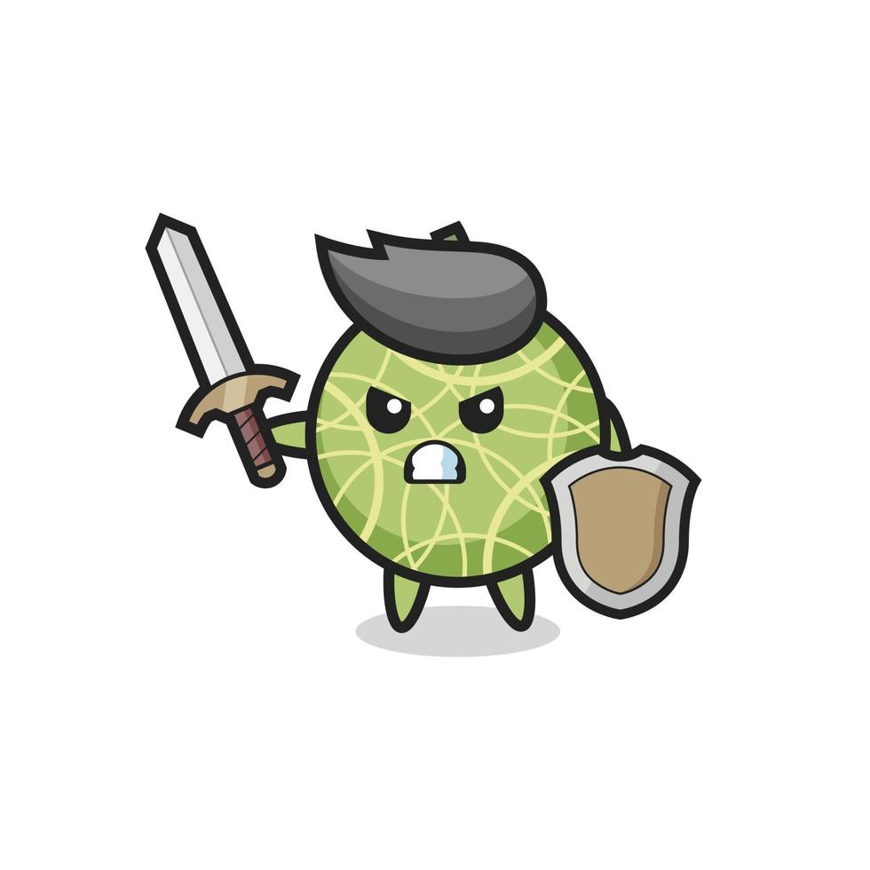 cute melon fruit soldier fighting with sword and shield vector
