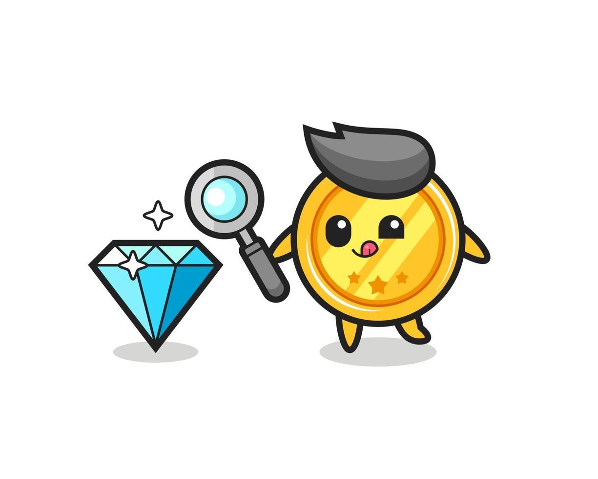 medal mascot is checking the authenticity of a diamond vector