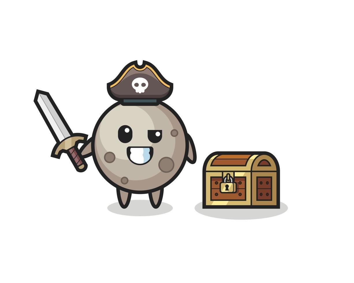 el personaje pirata de la luna sosteniendo la espada al lado de un cofre del tesoro vector
