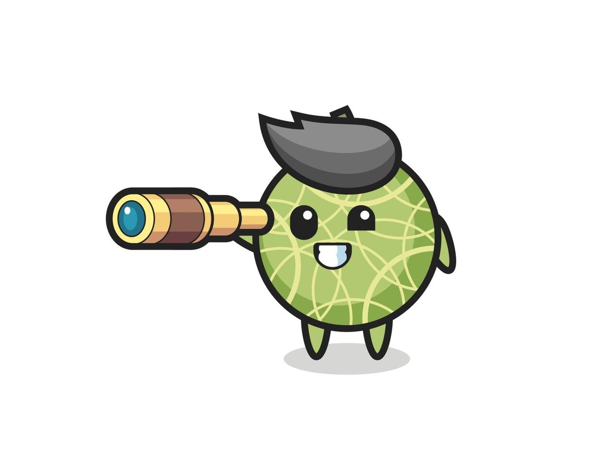 cute melon fruit character is holding an old telescope vector