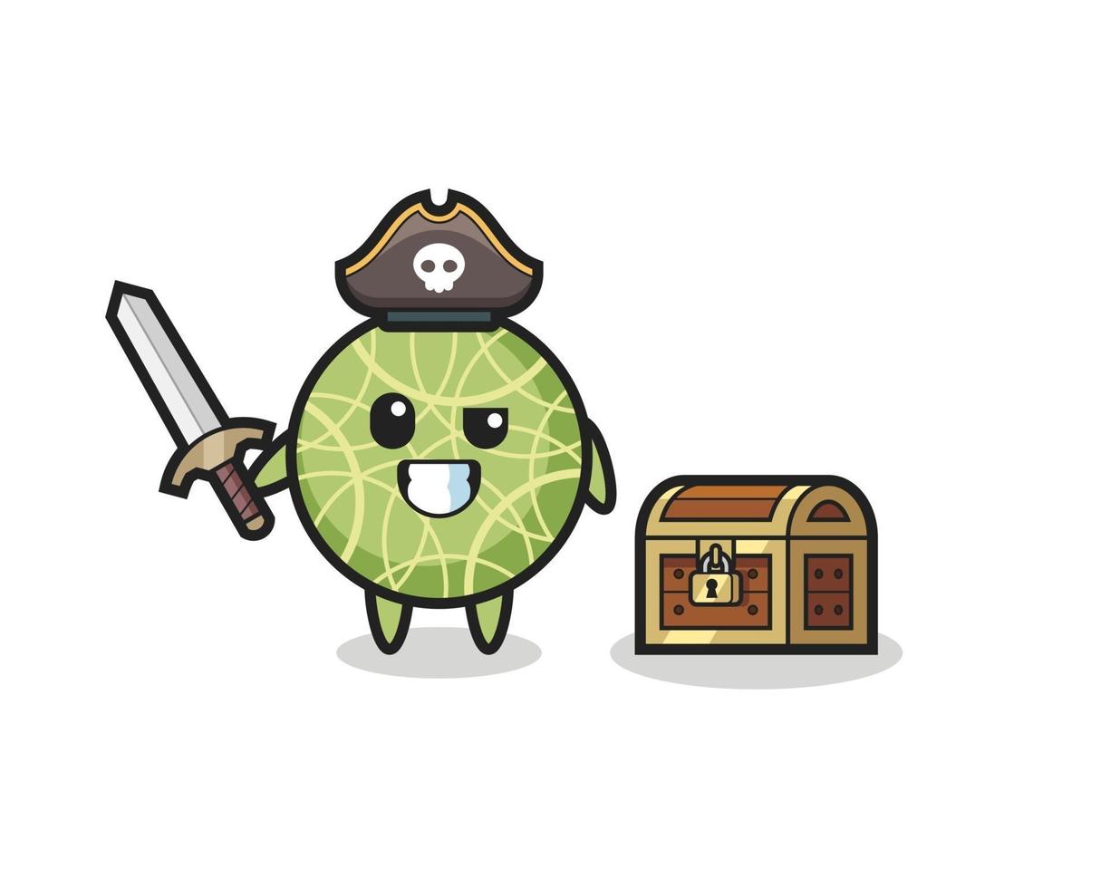 el personaje pirata de la fruta del melón sosteniendo la espada al lado de un cofre del tesoro vector