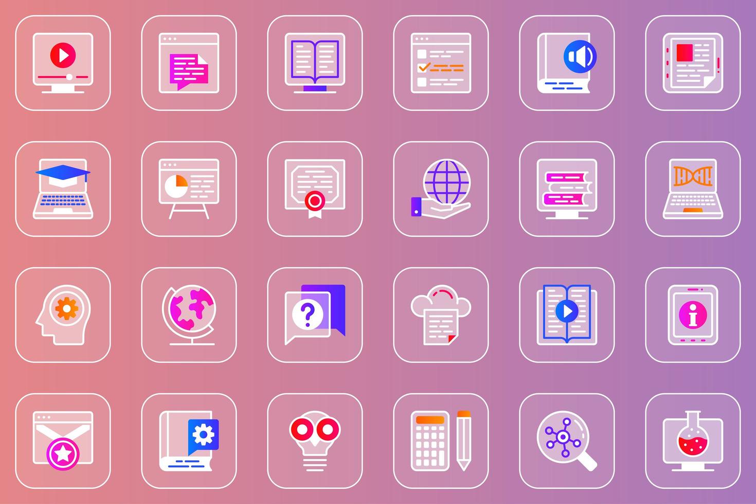 educación en línea, web, glassmórfico, iconos, conjunto vector