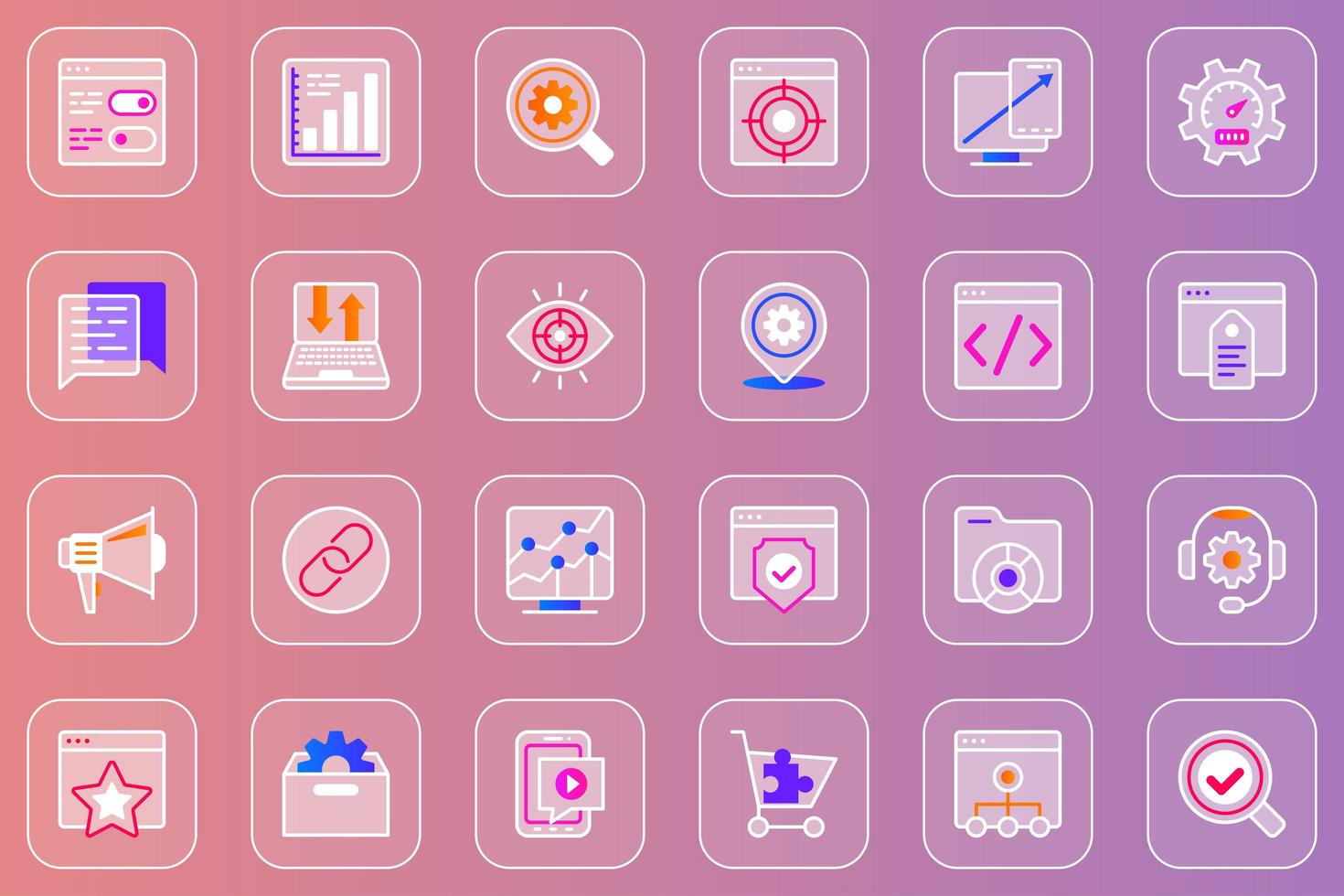 SEO optimization web glassmorphic icons set vector