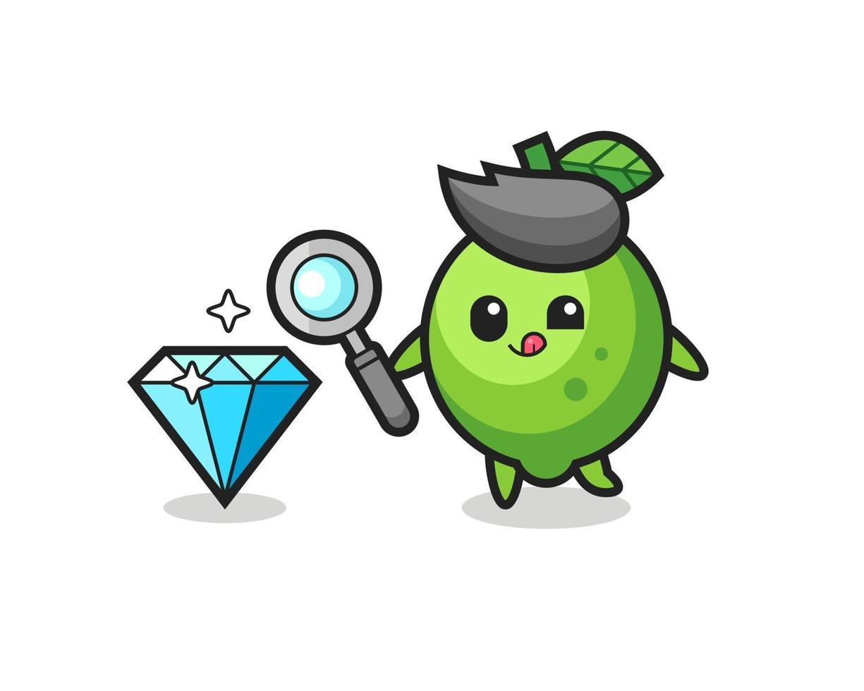 lime mascot is checking the authenticity of a diamond vector