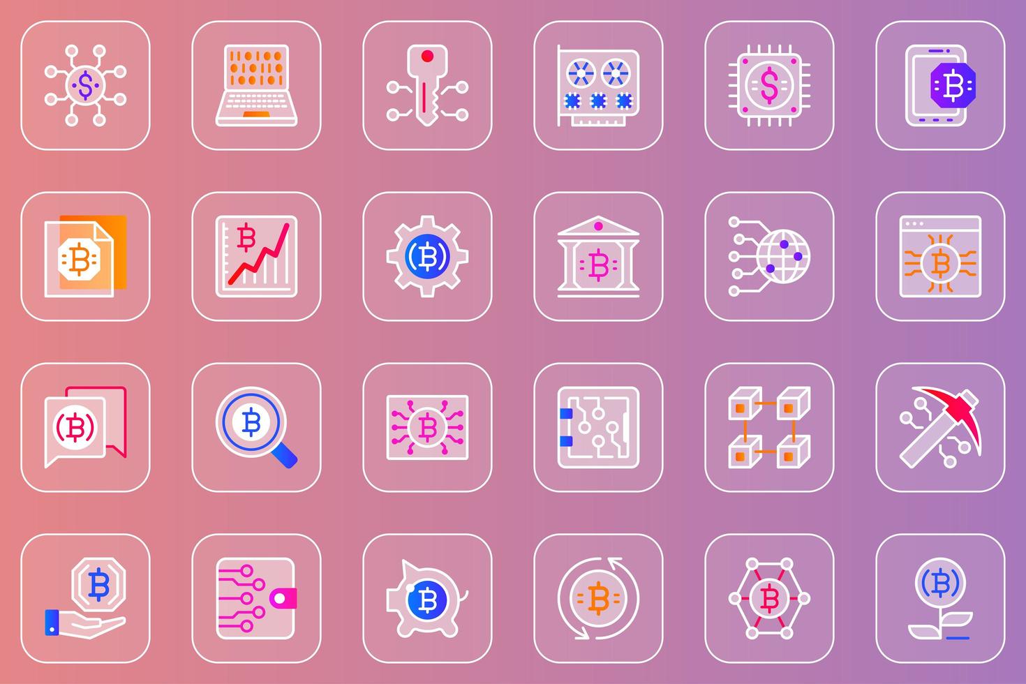 Bitcoin mining web glassmorphic icons set vector