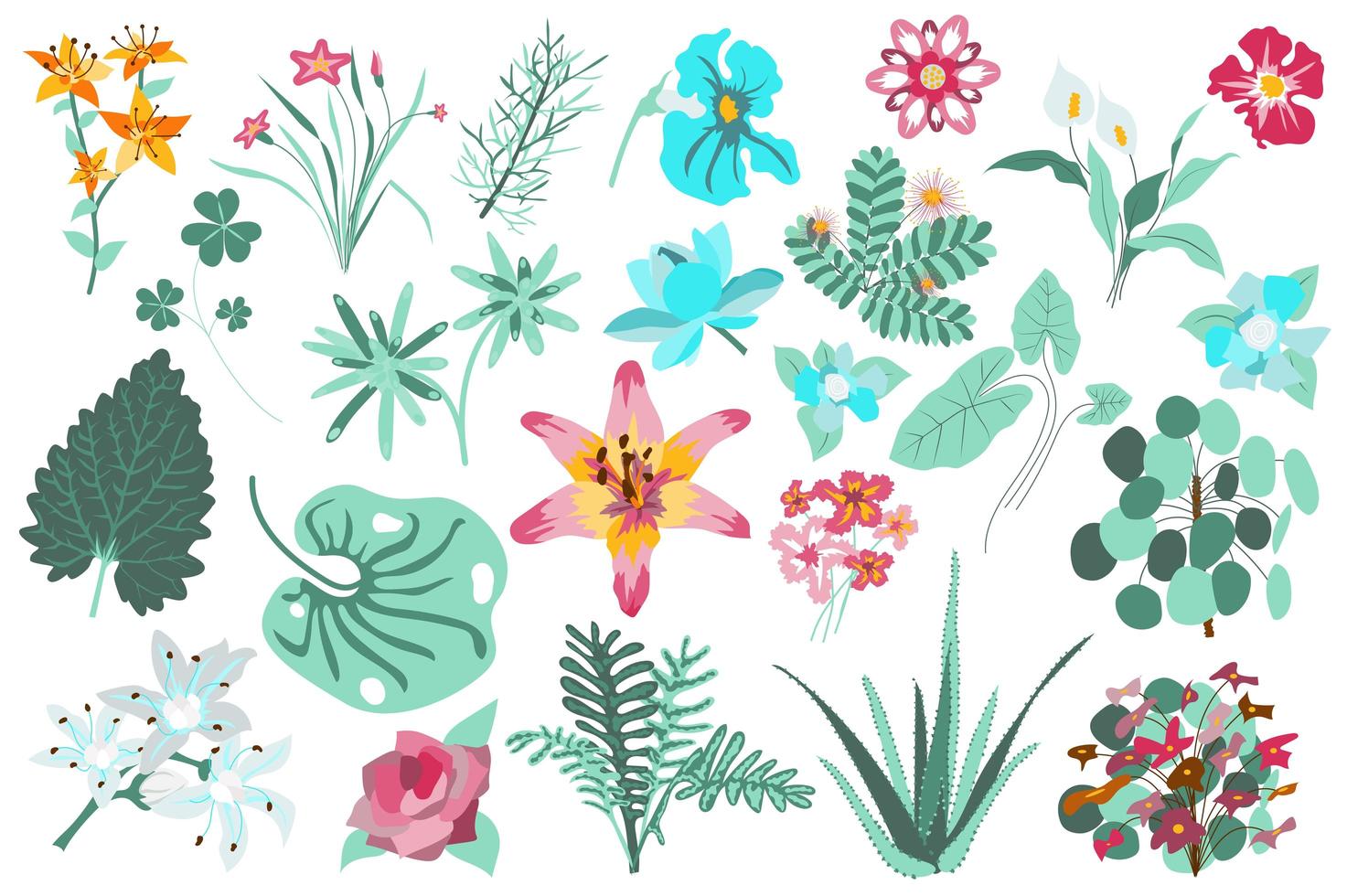 conjunto aislado de flores y plantas vector