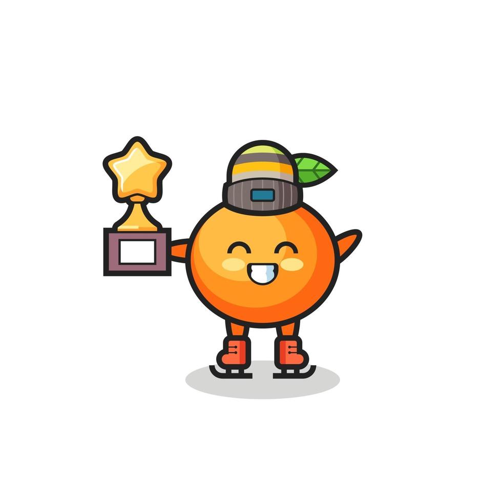 mandarin orange cartoon as an ice skating player hold winner trophy vector